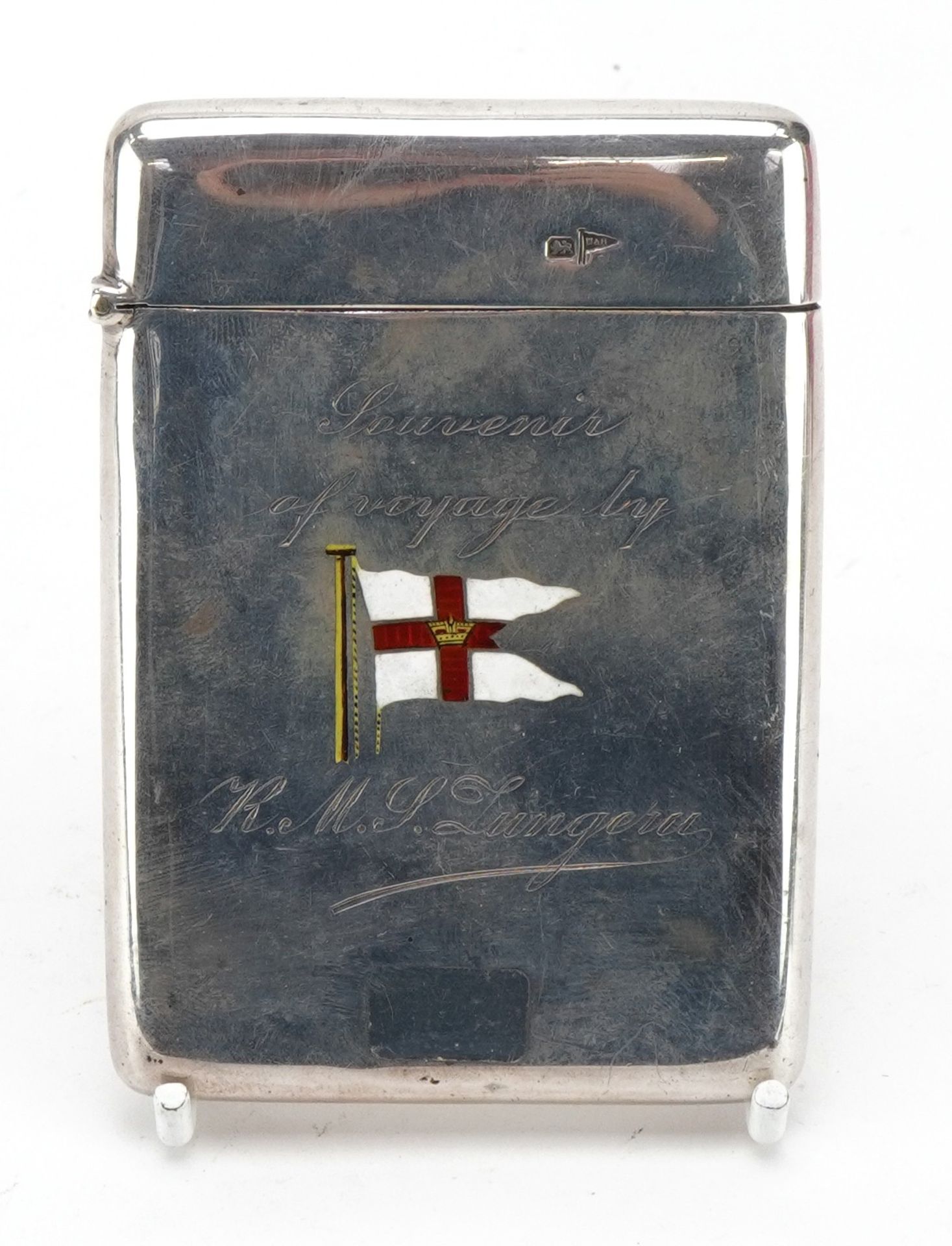 Walker & Hall, Edwardian shipping interest silver souvenir card case enamelled with Elder Dempster