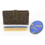 Chinese or Japanese style silver gilt and enamel hand mirror and comb with embroidered case, the