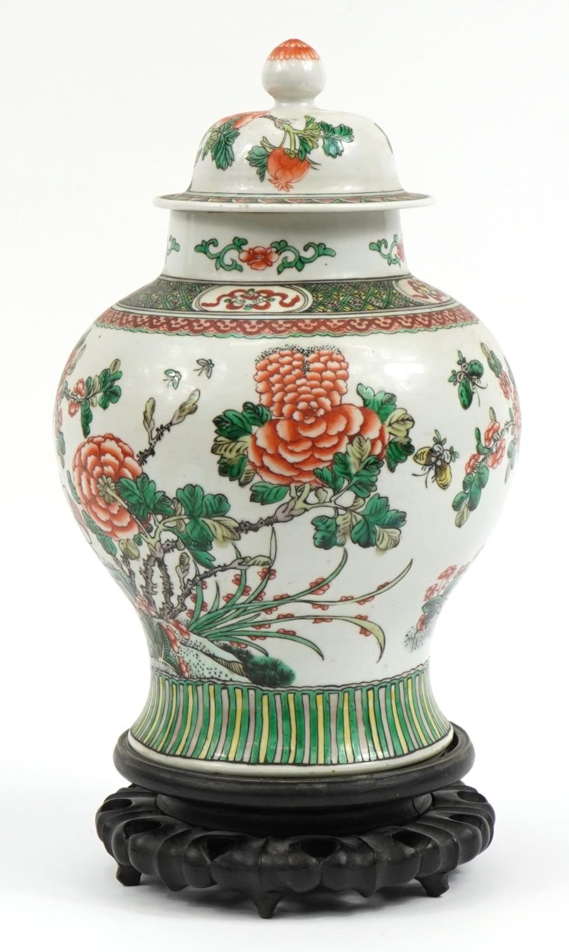 Chinese porcelain baluster vase and cover raised on carved hardwood stand, hand painted in the - Bild 2 aus 8
