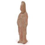 Chinese terracotta figure of an attendant wearing a robe, reputedly Tang dynasty, 20cm high