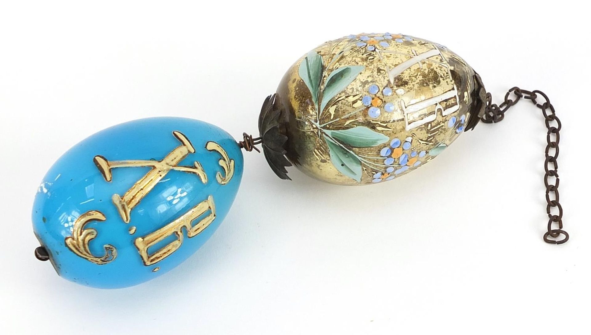 Maltsev, pair of Imperial Russian glass Easter eggs with enamelled decoration inscribed Christ has - Image 3 of 3
