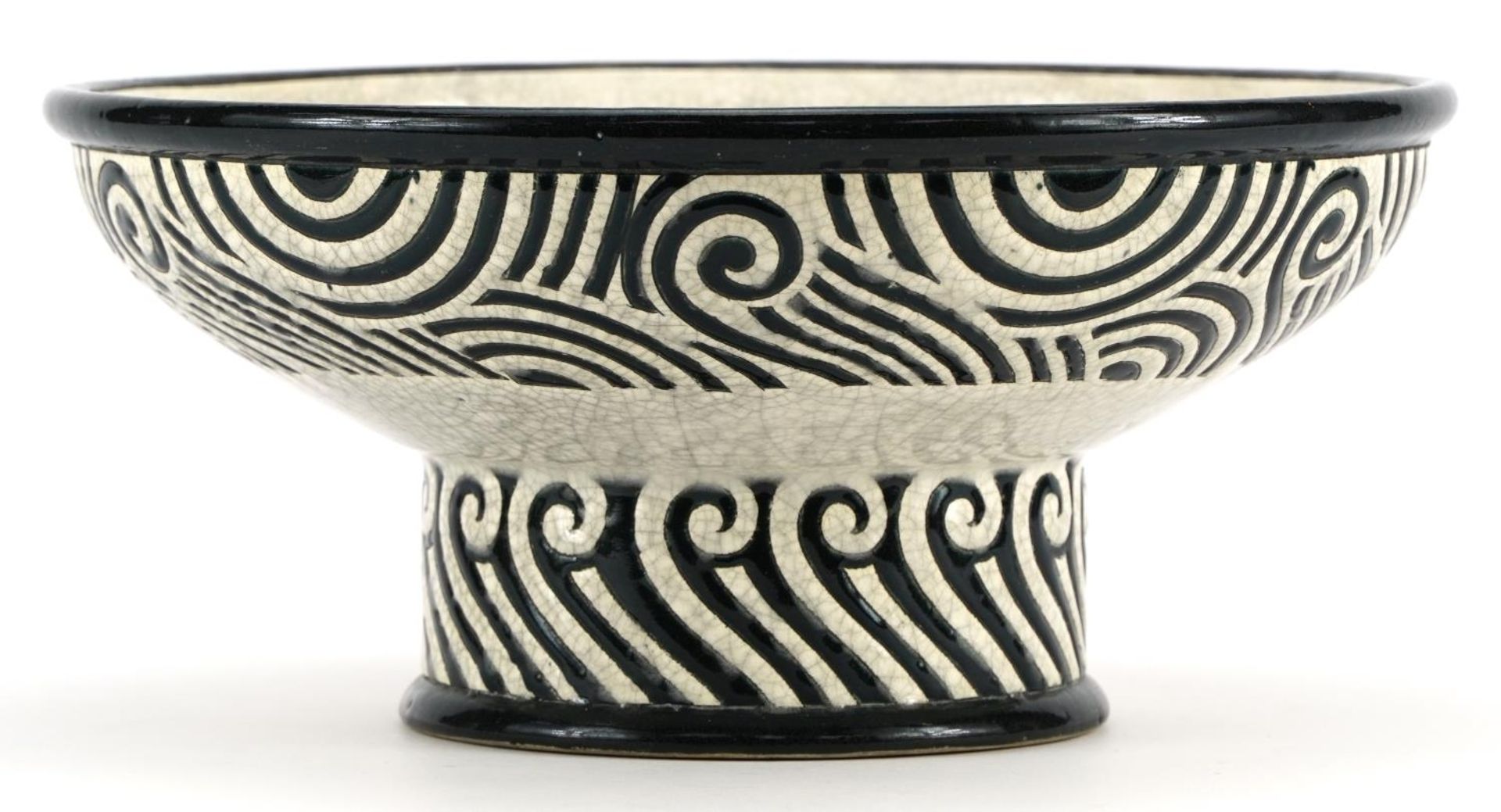 Longwy Primavera, French Art Deco footed bowl enamelled with stylised lines and swirls, 25cm in - Bild 2 aus 5