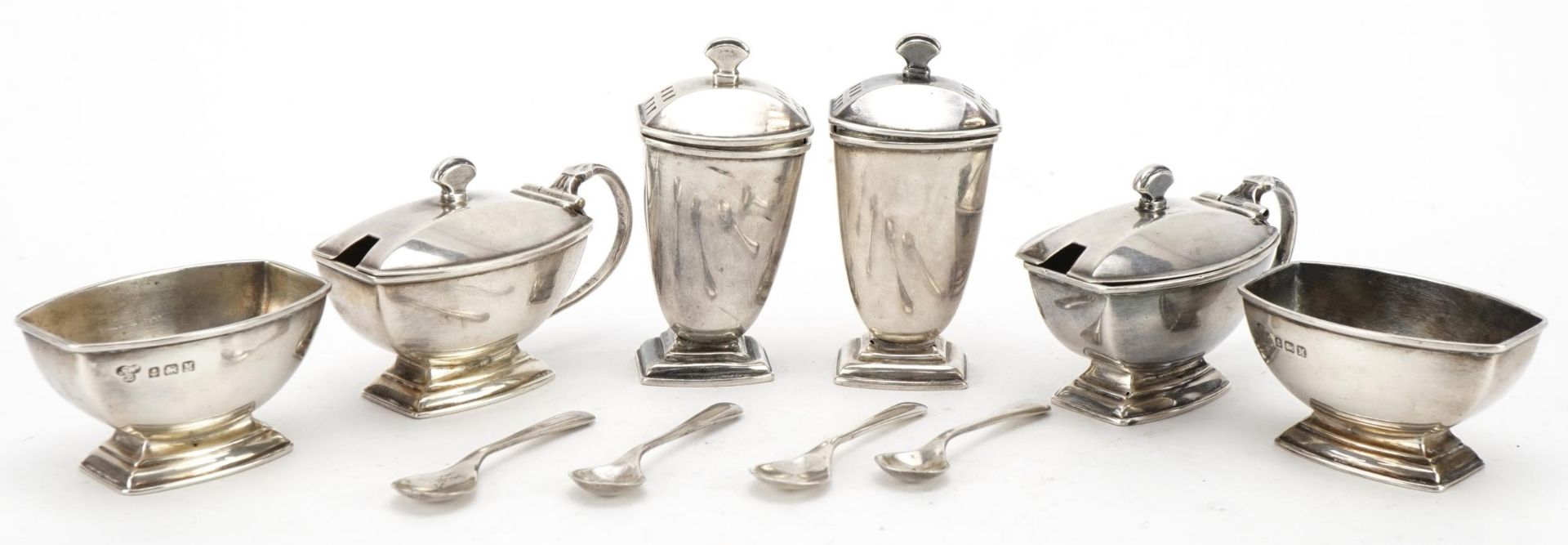 Harrods Ltd, Art Deco silver six piece cruet with matched spoons, Birmingham 1936, the largest 8cm