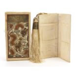 Chinese style stump work silk cigarette case embroidered with animals and insects, 14.5cm in length