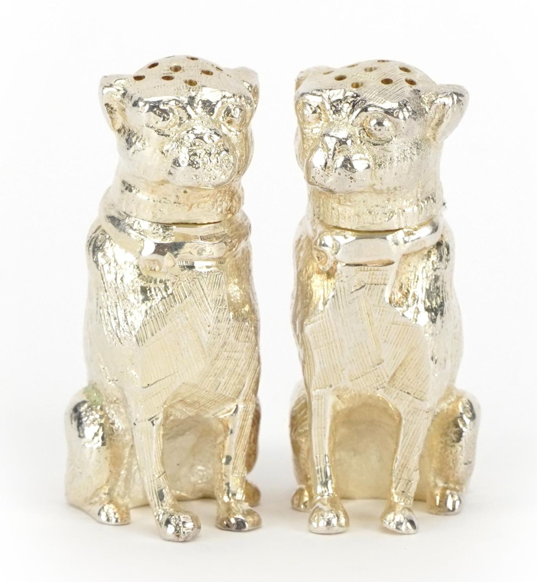 Novelty silver plated Pug dog design salt and pepper cellars, each 6cm high