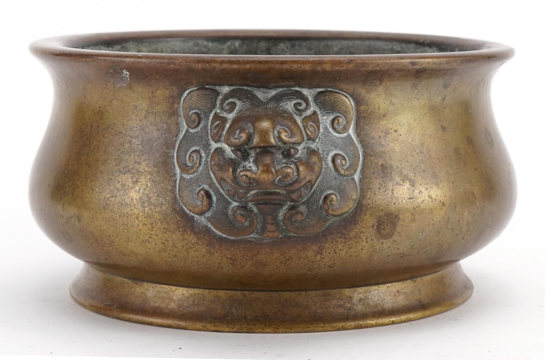 Chinese gilt bronze censer with Animalia handles, six figure character marks to the base, 18.5cm - Image 5 of 6