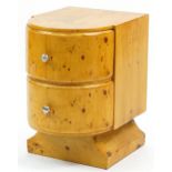 Art Deco style bird's eye maple design two drawer nightstand, 59cm H x 39cm W x 49cm D excluding the