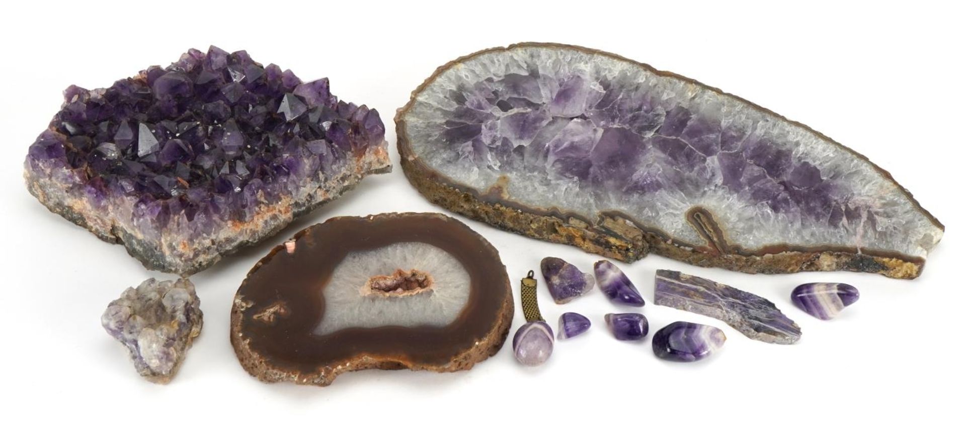 Rocks and crystals including polished amethyst block, 30.5cm high
