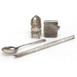 Silver objects comprising dip pen, doll's house chair, vesta and teaspoon, various hallmarks, the