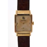 International Watch Co, gentlemen's 9ct gold wristwatch with Omega brown leather strap, the dial