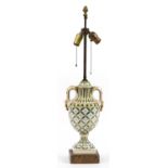 Early English style porcelain twin handled pedestal vase table lamp with bronzed mounts hand painted