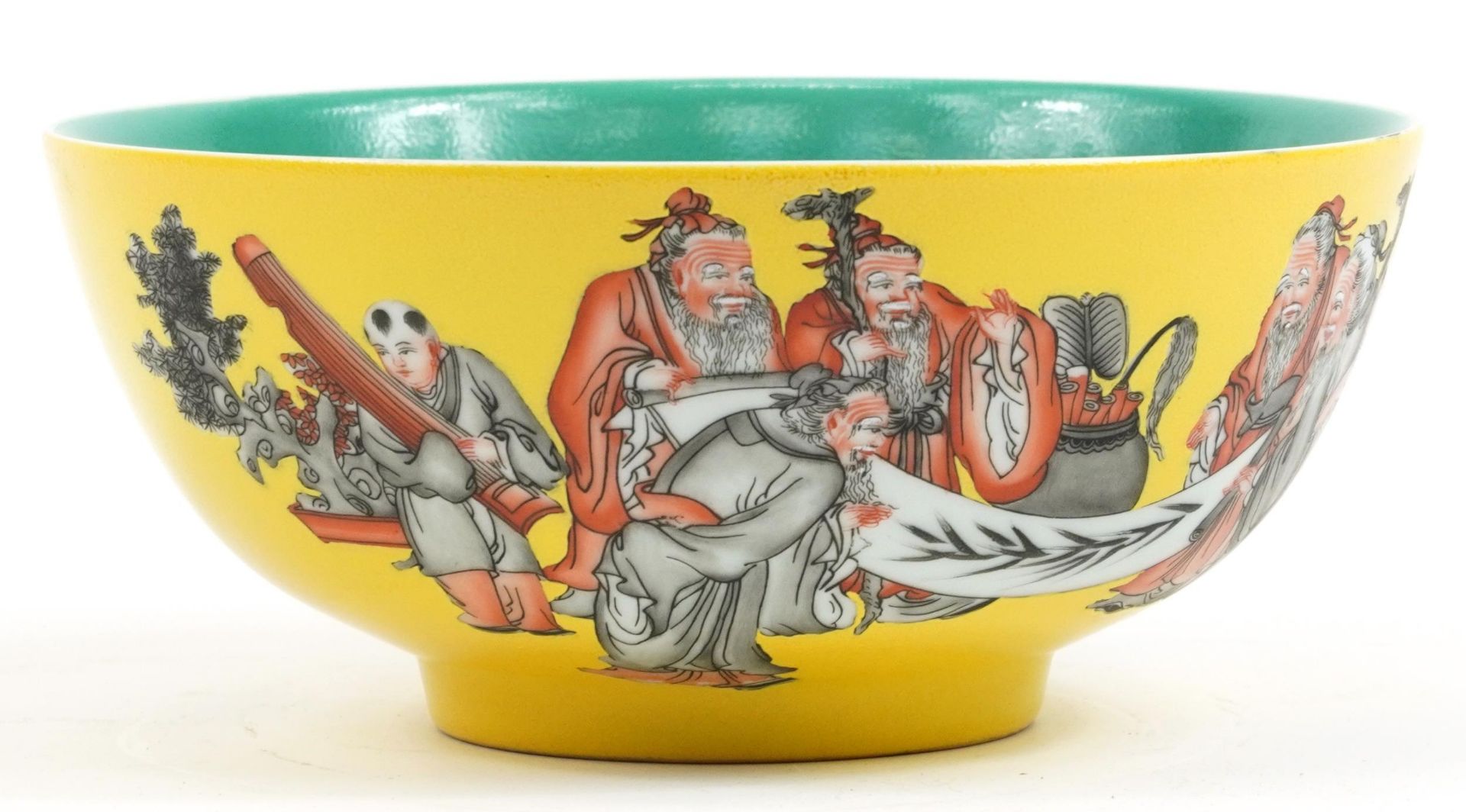 Chinese porcelain yellow ground bowl hand painted with figures, six figure character marks to the