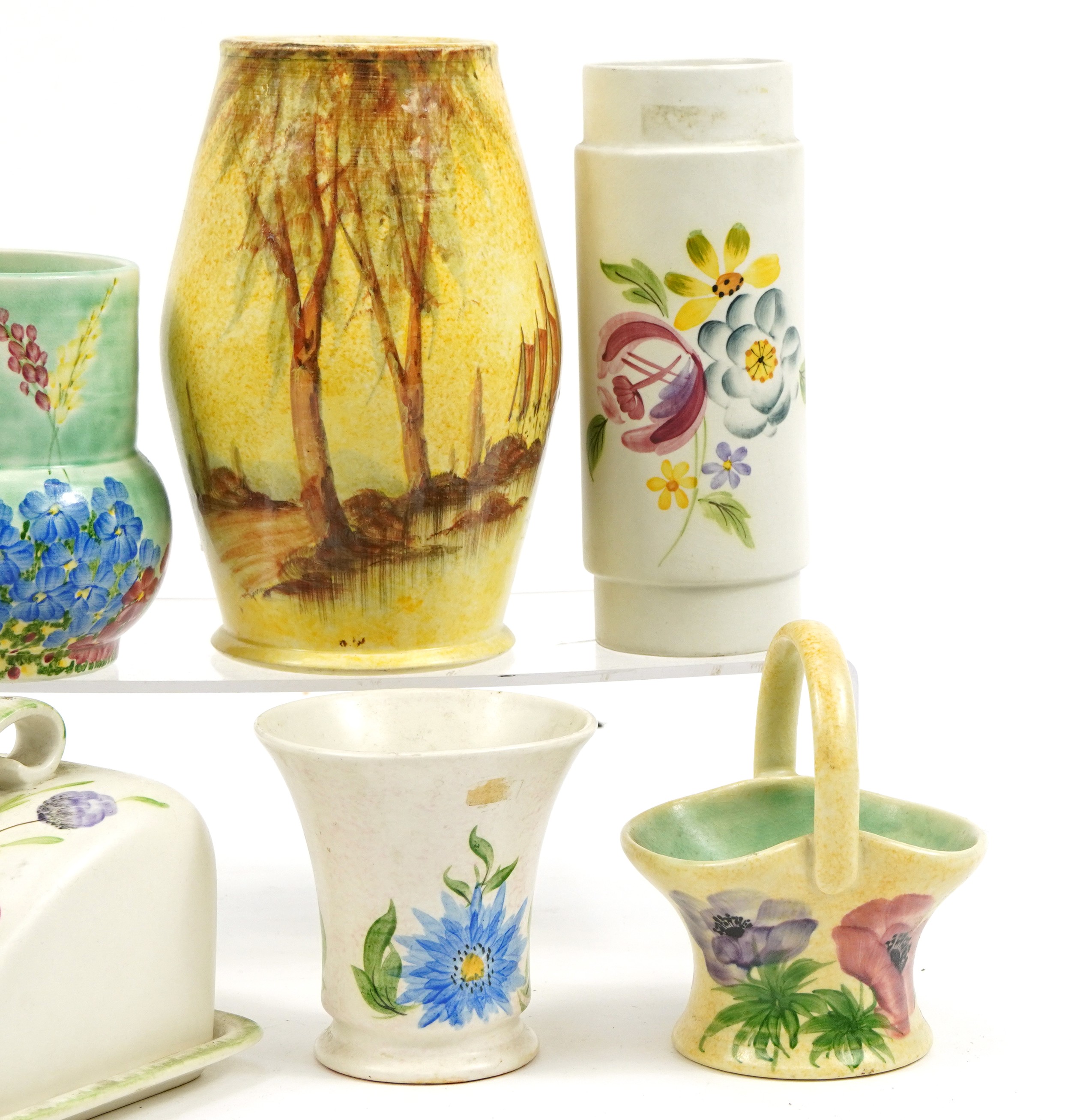 Five Bradford Pottery vases and butter dish with cover, each hand painted with flowers and trees, - Image 3 of 4