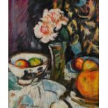 Still life flowers, fruit and vessels, Scottish Colourist school oil on board, mounted and framed,