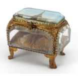 19th century French brass and bevelled glass jewel casket with button back interior and hinged lid