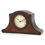 Edwardian inlaid mahogany mantle clock, the silvered dial having Arabic numerals, 27cm wide
