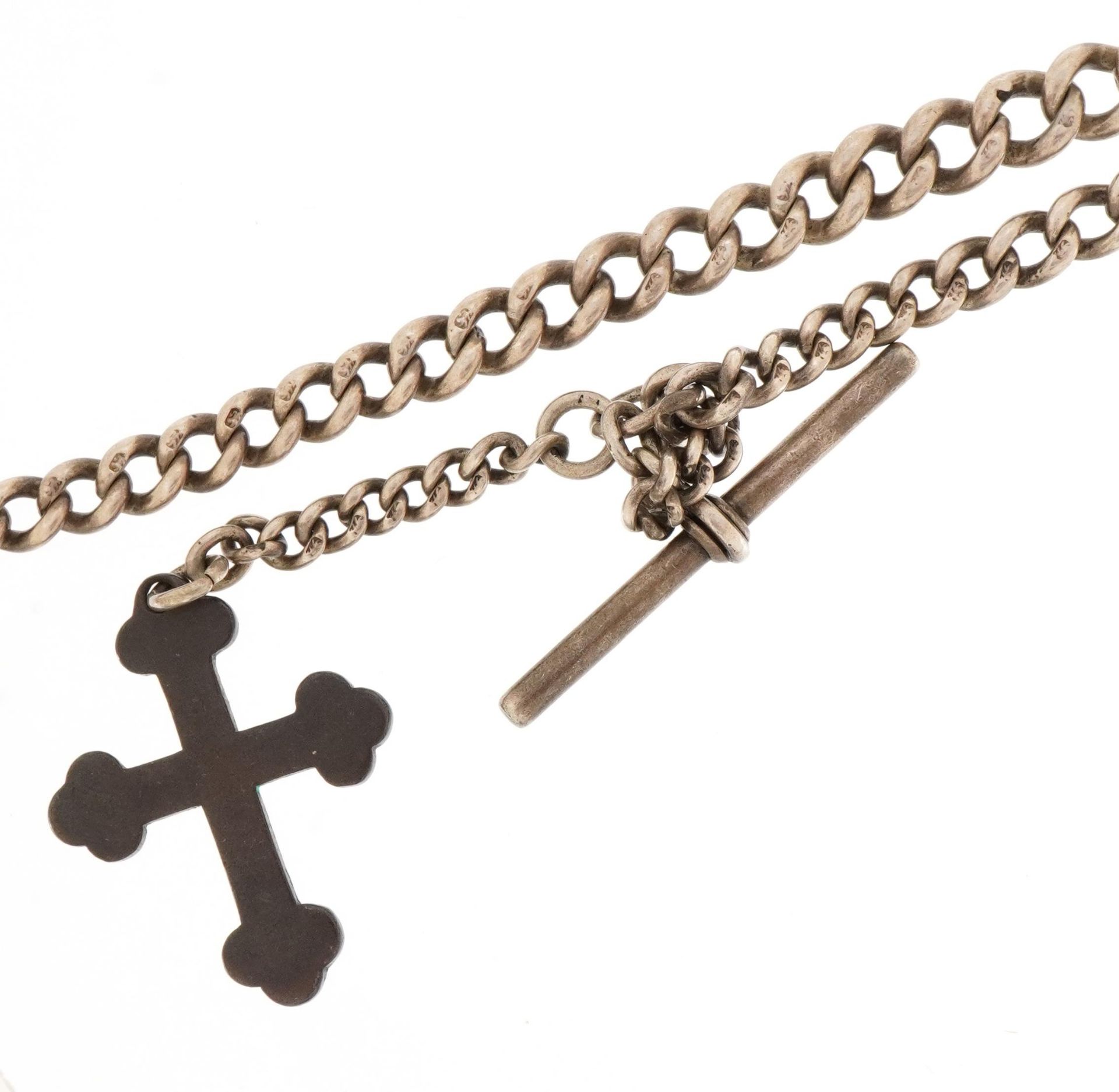 Silver watch chain Birmingham 1919, with each link stamped, with metal watch key and crucifix,