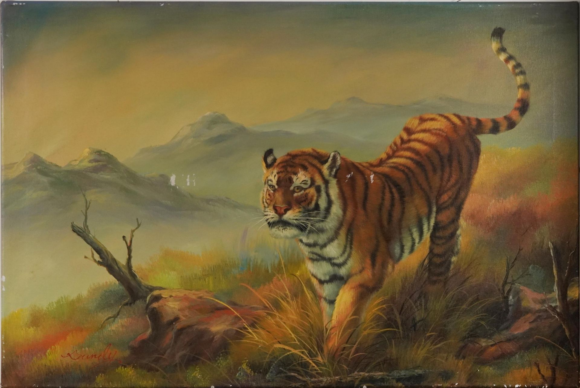 Tiger before a mountainous landscape, oil on canvas, indistinctly signed, possibly Bundy, - Image 2 of 4