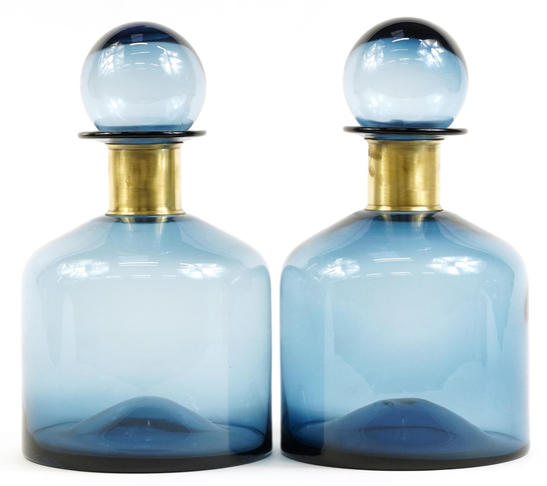 Pair of oversized blue glass display scent bottles with stoppers in the style of Holmegaard, each - Image 2 of 3