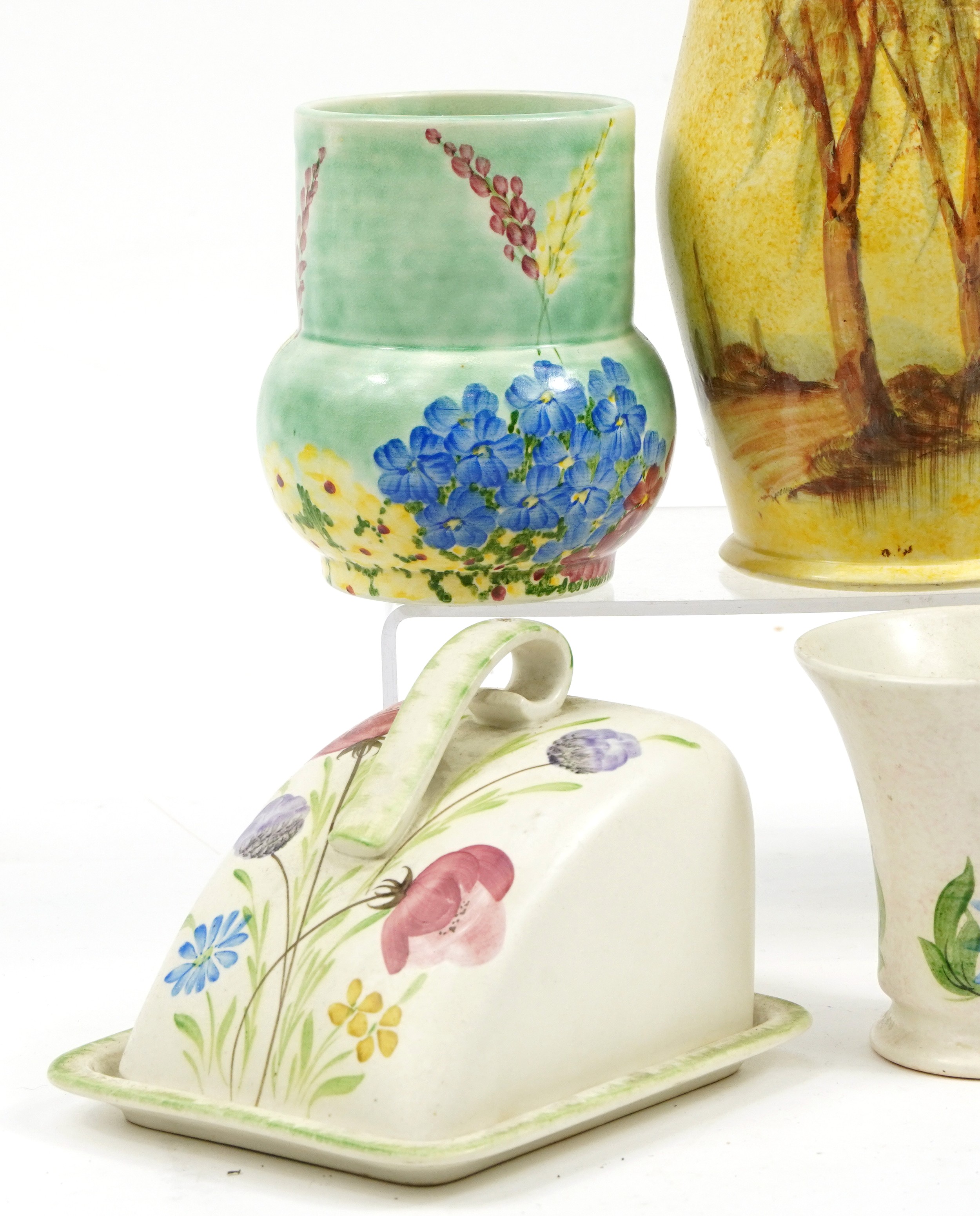 Five Bradford Pottery vases and butter dish with cover, each hand painted with flowers and trees, - Image 2 of 4