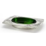 Archibald Knox for Liberty & Co, Arts & Crafts pewter butter dish with green glass liner,