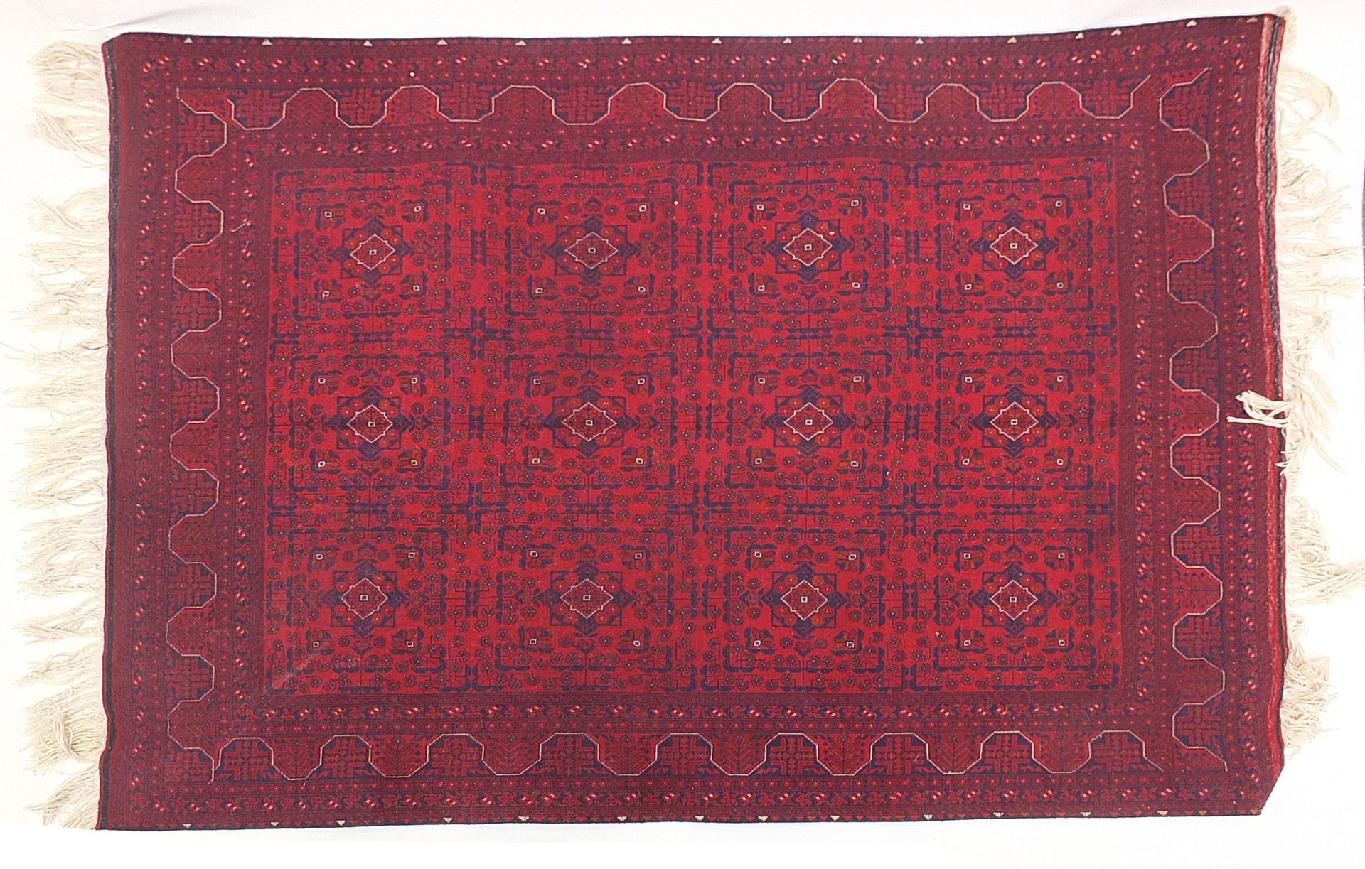 Afghan red and blue ground rug having an all over geometric design, 200cm x 153cm - Image 2 of 3