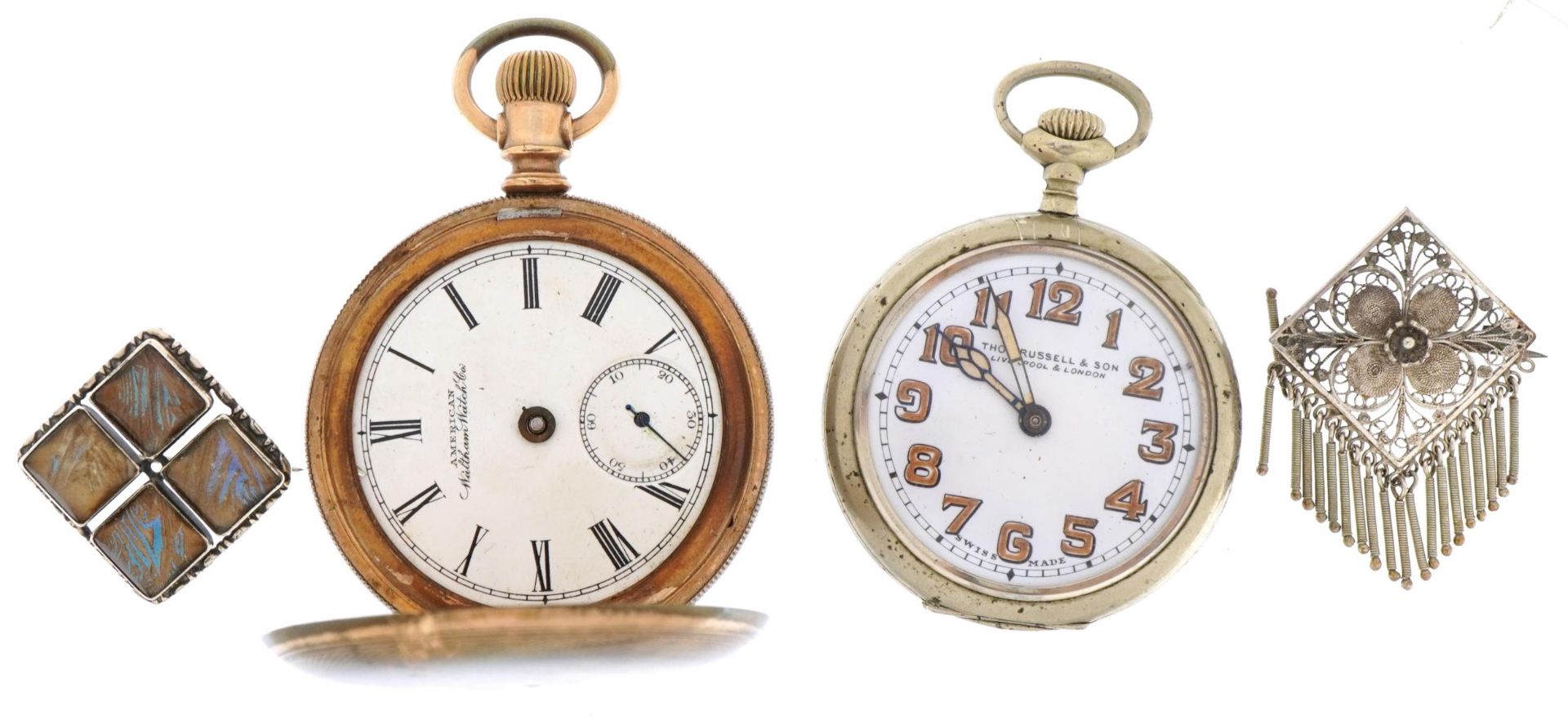 Two gentlemen's pocket watches comprising full hunter Waltham and Thomas Russell and two silver