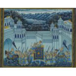 Procession of figures an animals before a palace, Indian Mughal school watercolour, framed and