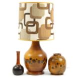 Scandinavian design inlaid wood table lamp with shade and two similar vases, the lamp 54cm high