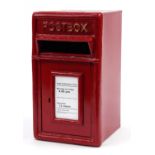 Red painted metal postbox with cast iron front, 43cm H x 24cm W x 27cm D