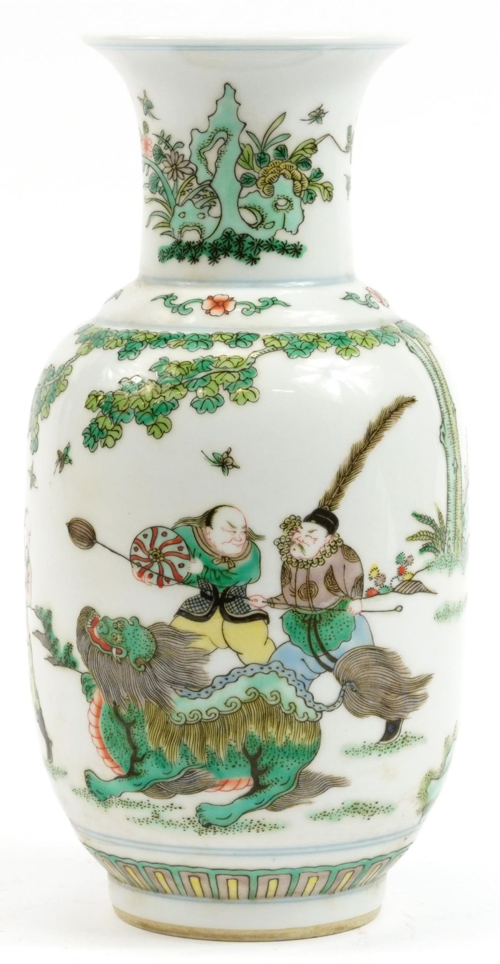 Chinese porcelain vase hand painted in the famille verte palette with Foo dog and figures, six