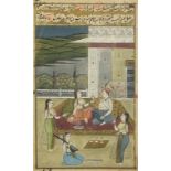 Figures and attendants in a palace setting, Indian Mughal school watercolour, mounted, framed and