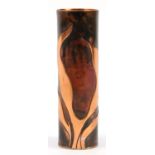 Sam Fanaroff, Arts & Crafts stylised copper cylindrical vase, impressed SF to the base, 27cm high