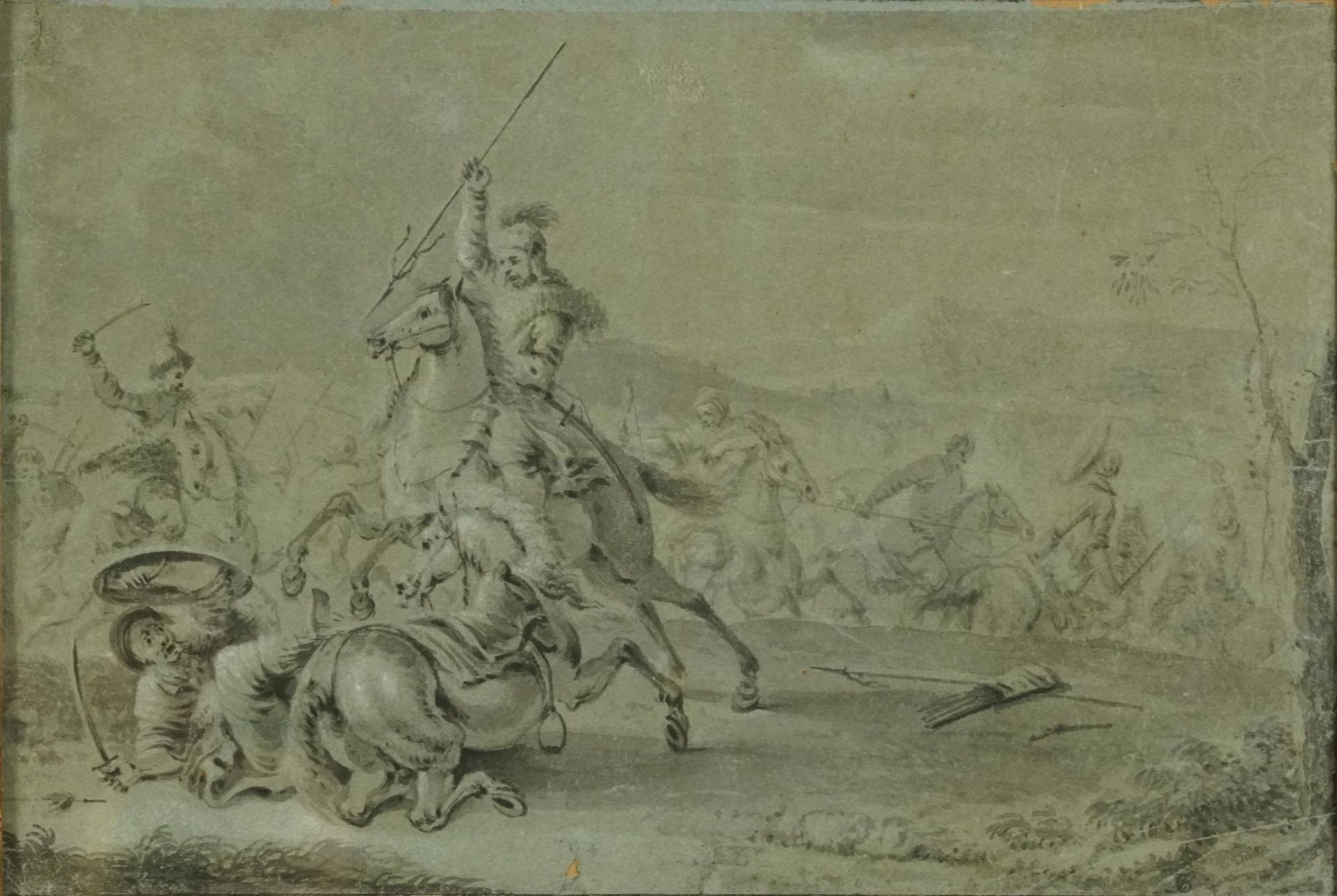 Battle scene with figures on horseback, 18th century Swiss school heightened watercolour,