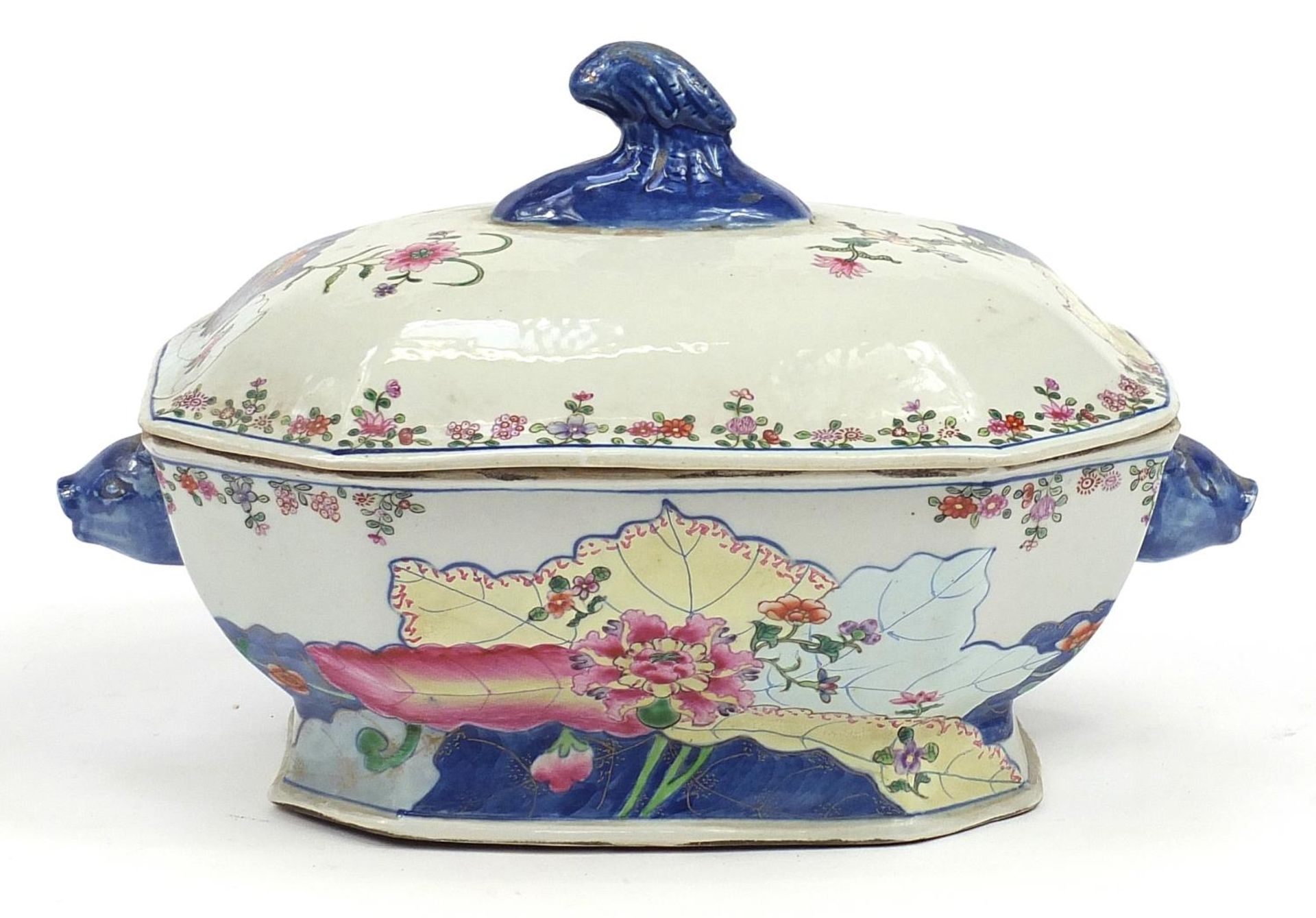 Chinese wucai porcelain tureen and cover with twin handles hand painted with flowers, 35cm wide
