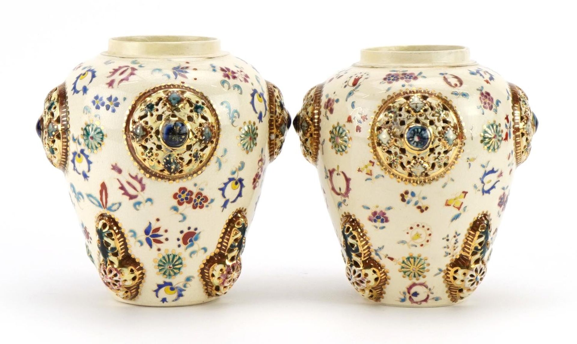 Zsolnay Pecs, pair of Hungarian vases with pierced roundels decorated with flowers, each with - Image 2 of 4