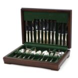 James Ryals, mahogany six place canteen of silver plated cutlery,40.5cm wide