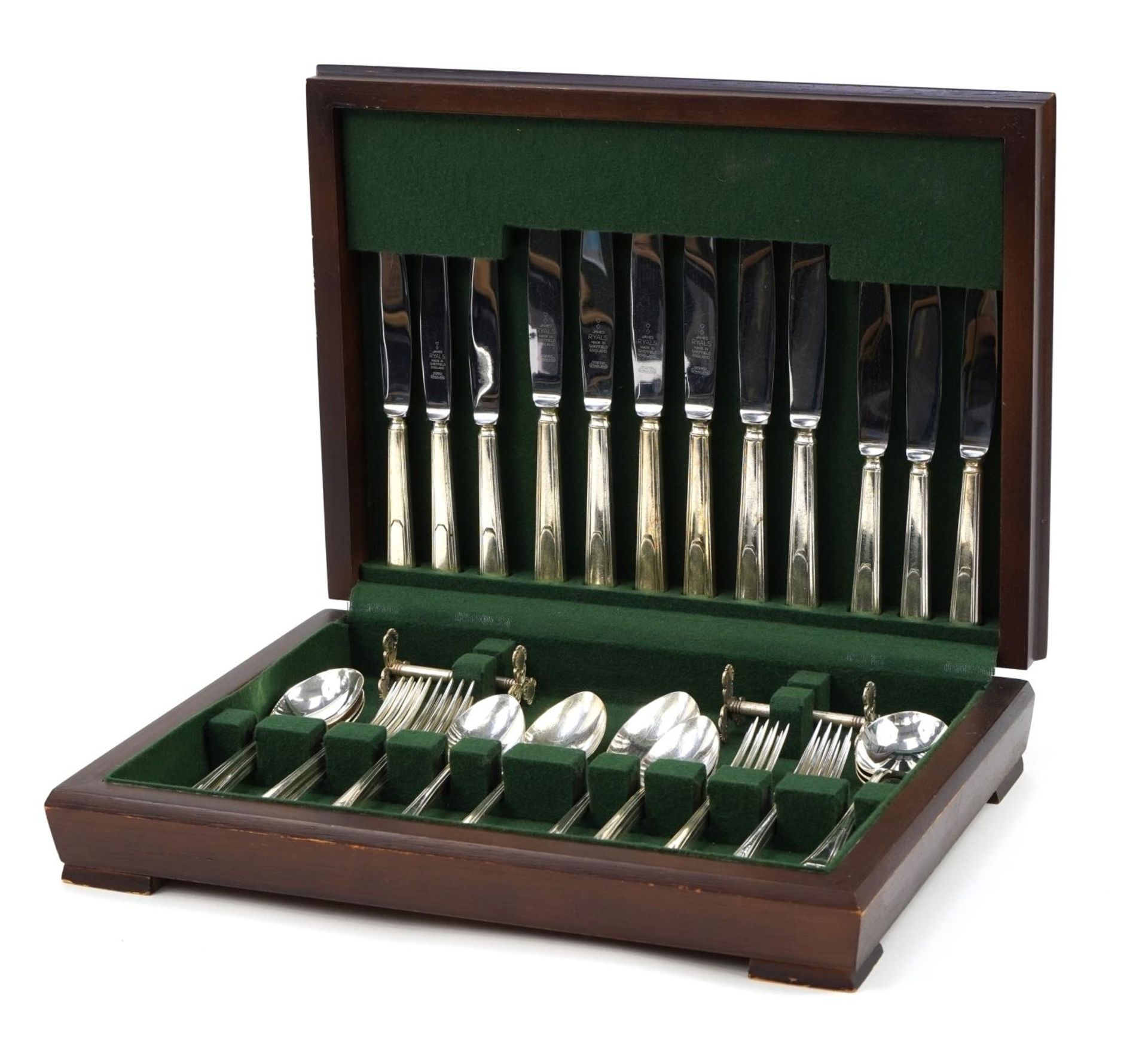 James Ryals, mahogany six place canteen of silver plated cutlery,40.5cm wide