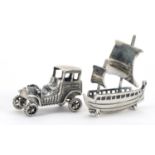 Miniature silver model of a Viking boat and a classic car, the largest 4cm in length, total 18.0g