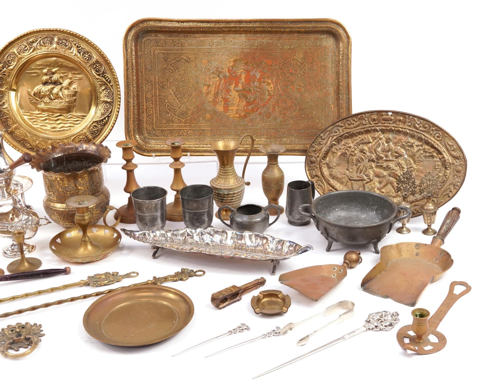 Antique and later metalware including silver plate, copper, pewter and brass, the largest 51cm in - Image 3 of 3
