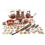 Antique and later metalware including Victorian copper teapots, copper flagons and horse brasses,