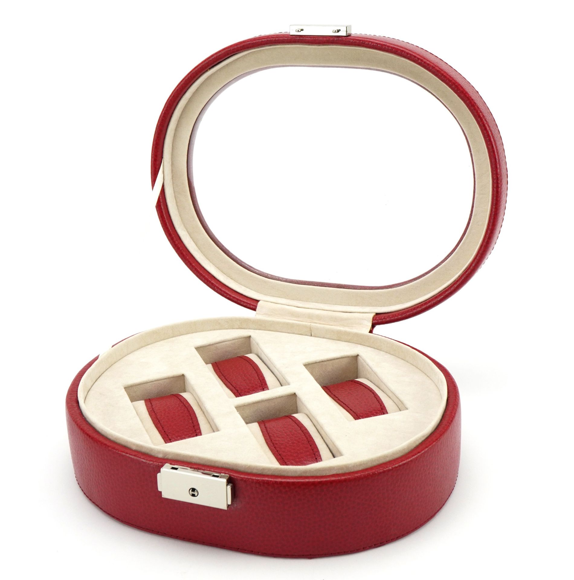 Red leather and suede wristwatch display case, 7.5cm H x 23.5cm W x 18.5cm D - Image 2 of 4