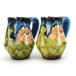 RSTK, pair of continental Art Nouveau Czechoslovakian double spouted jugs hand painted with flowers,