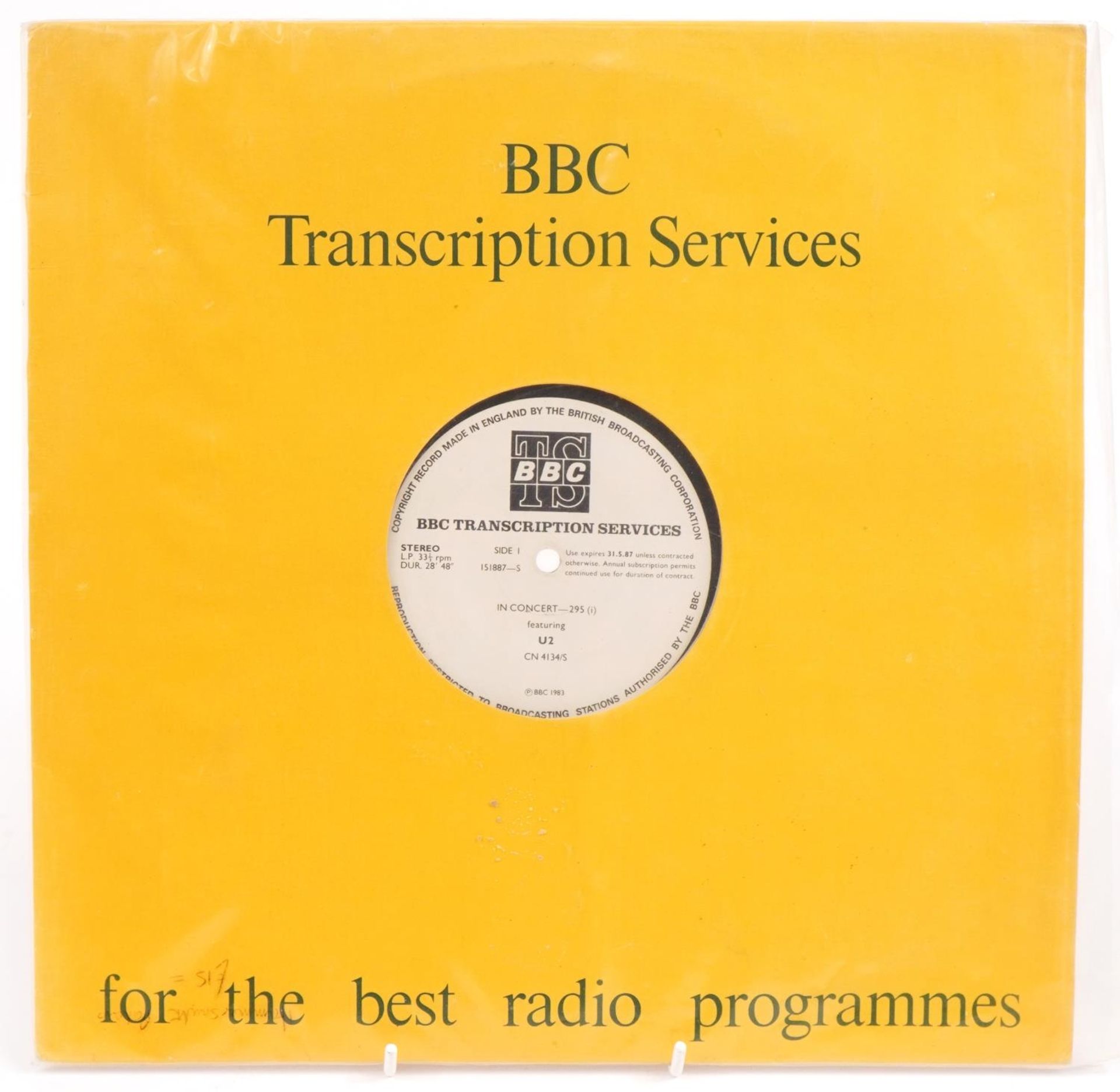 BBC Transcription Services vinyl record In Concert featuring U2 with sleeve
