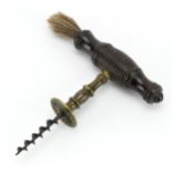 19th century Henshall type brass corkscrew with turned wood handle and side brush, impressed