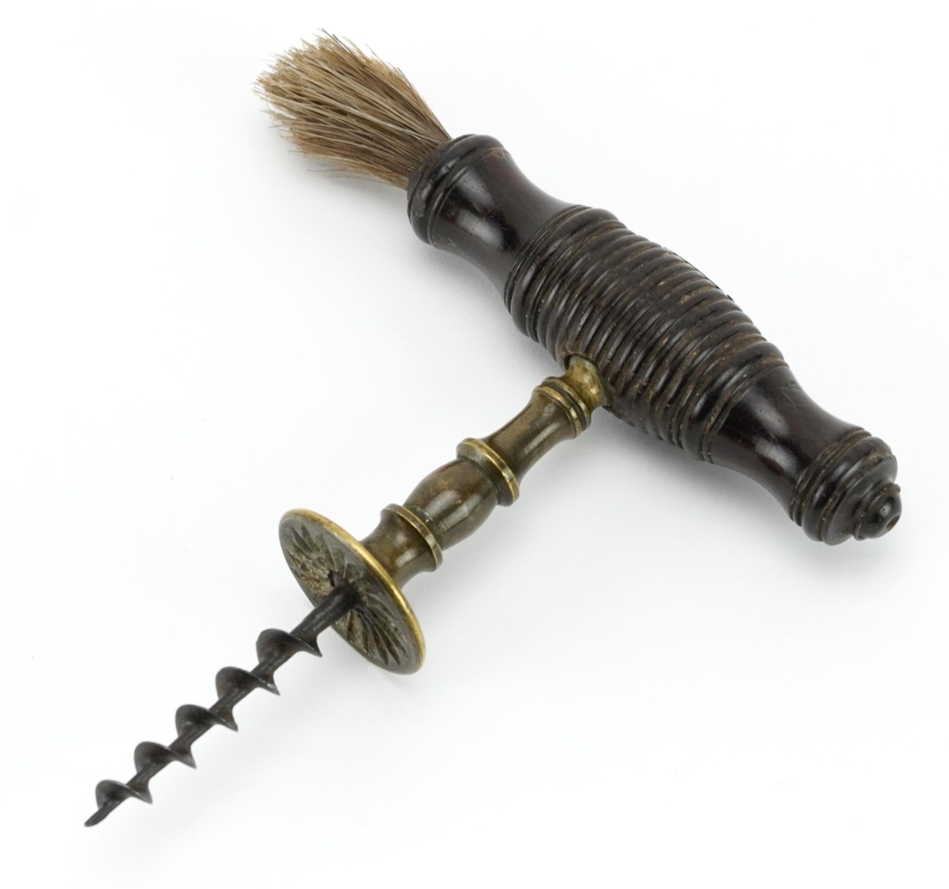 19th century Henshall type brass corkscrew with turned wood handle and side brush, impressed