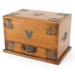 Victorian metal bound oak mechanical action writing box with letter rack and pen tray, impressed