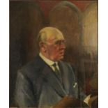 Head and shoulders portrait of a gentleman wearing a suit and spectacles, 1920s English school oil