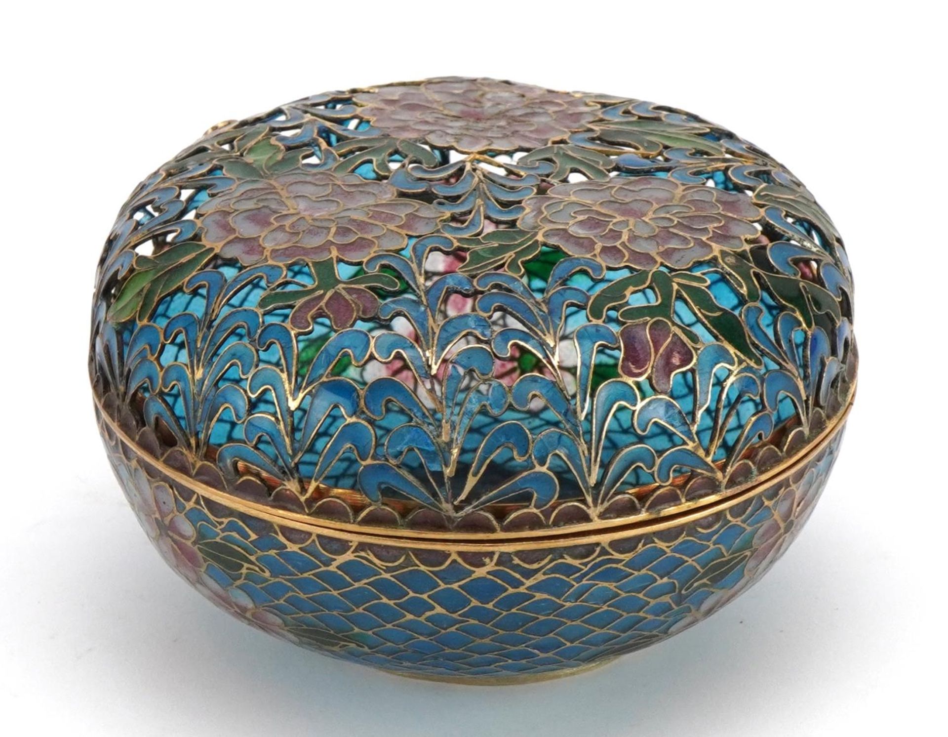 Japanese plique a jour enamel box and cover enamelled with flowers, 10cm in diameter - Image 3 of 4