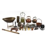 Antique and later metalware including silverplate, pewter, copper and brass, the largest 53cm in